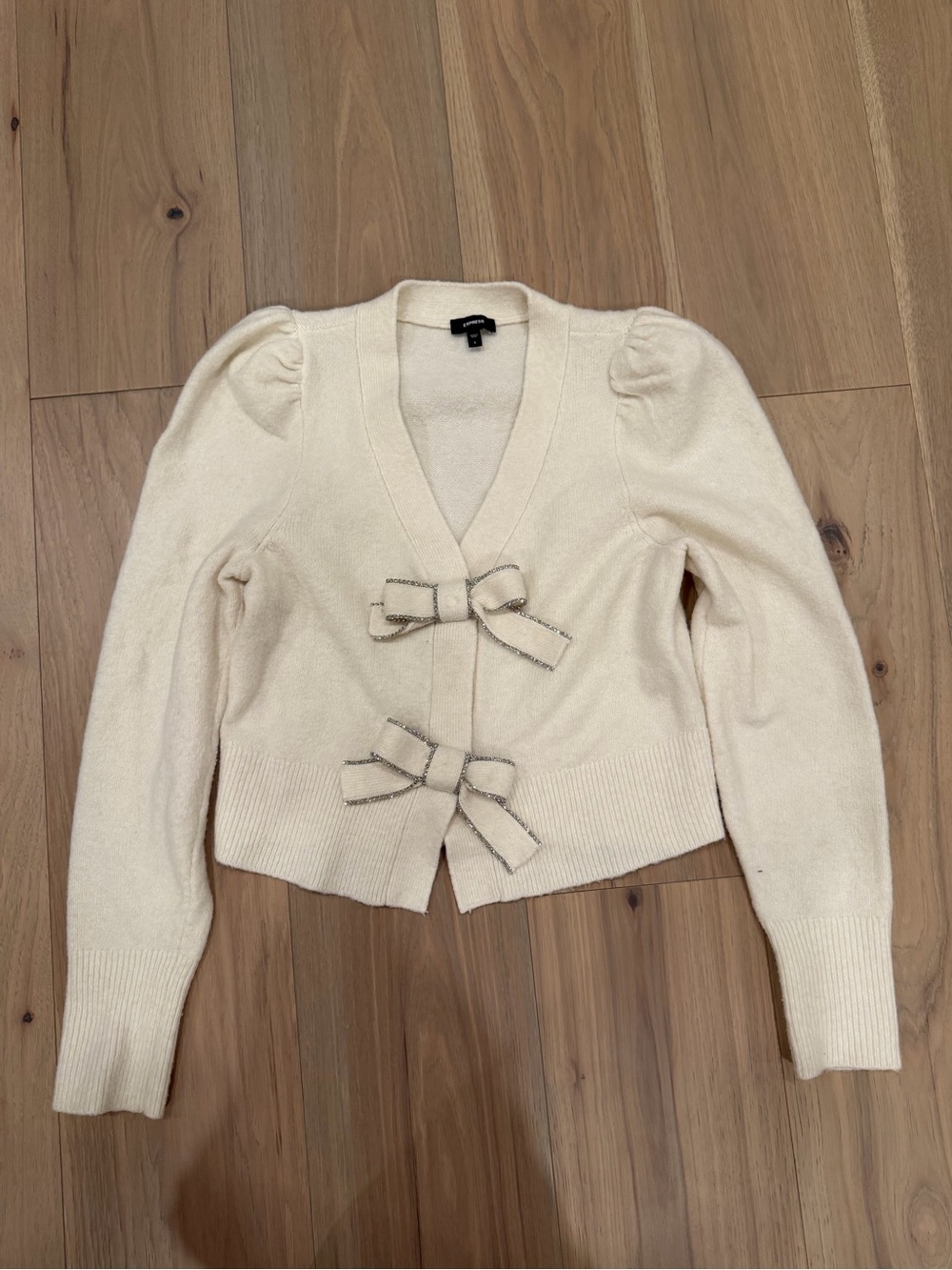 Express Cream Puff-Sleeve Bow-Front Cardigan